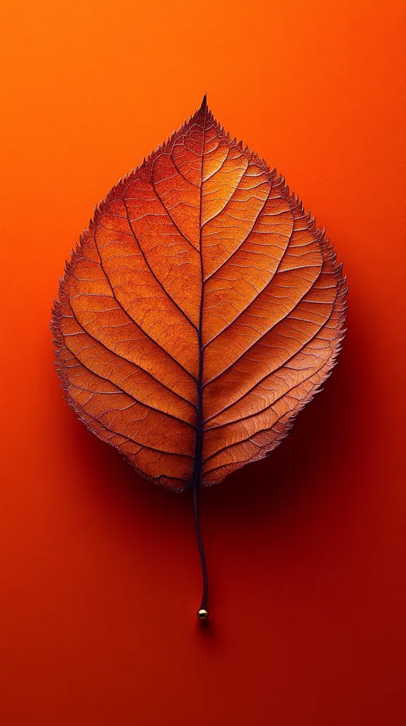 A single, dried leaf with a golden orb at the end of its stem, rests against a vibrant orange background.  The leaf's intricate veins are visible, with hues of orange and brown, creating a captivating contrast against the bold backdrop. The image has a minimalistic aesthetic, highlighting the beauty of a simple autumnal element.