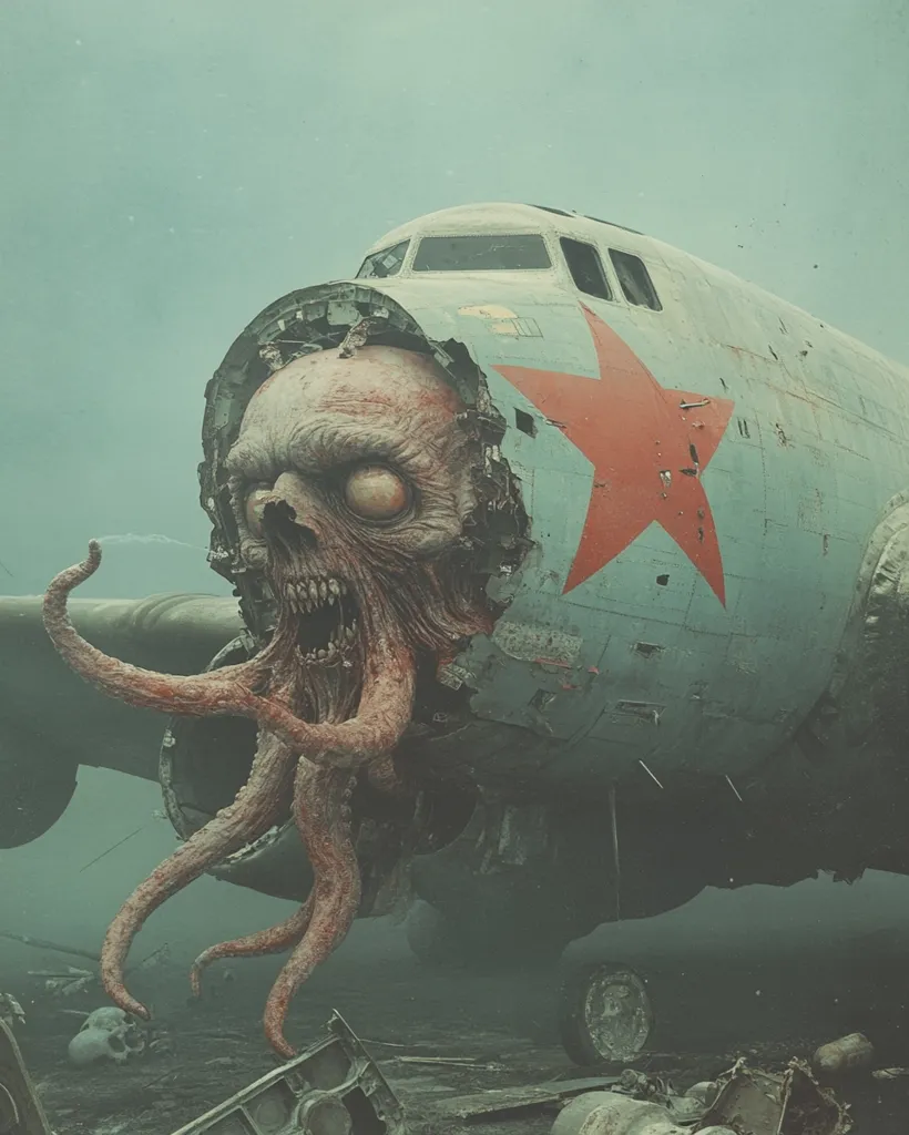 A dilapidated airplane, with a red star painted on its side, lies partially submerged in a murky, fog-filled landscape. The plane's fuselage has been ripped open, revealing a monstrous, fleshy creature with a gaping maw and tentacled appendages. The creature's eye is a single, glowing orb, peering out from the wreckage. Scattered debris and the faint outlines of skeletal remains suggest a scene of devastation and destruction.  The image evokes a sense of horror and unease, with the monstrous creature symbolizing the dark and unknown forces that lurk within the wreckage.
