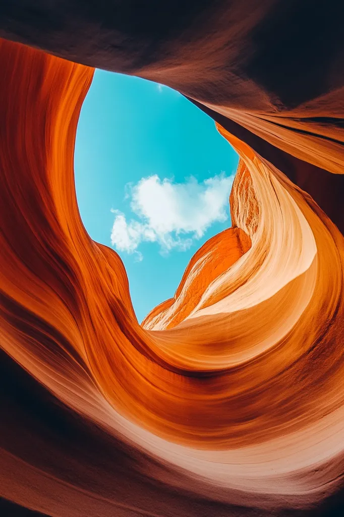 The image shows a narrow canyon with smooth, curving walls of orange sandstone. The canyon is so narrow that the sky is only visible through a small opening at the top. The sky is a bright blue, and there is a single white cloud visible. The image is taken from a low angle, looking up towards the sky. The canyon walls are textured with many layers of sandstone, creating a beautiful, natural abstract design. The image is a reminder of the beauty and power of nature.