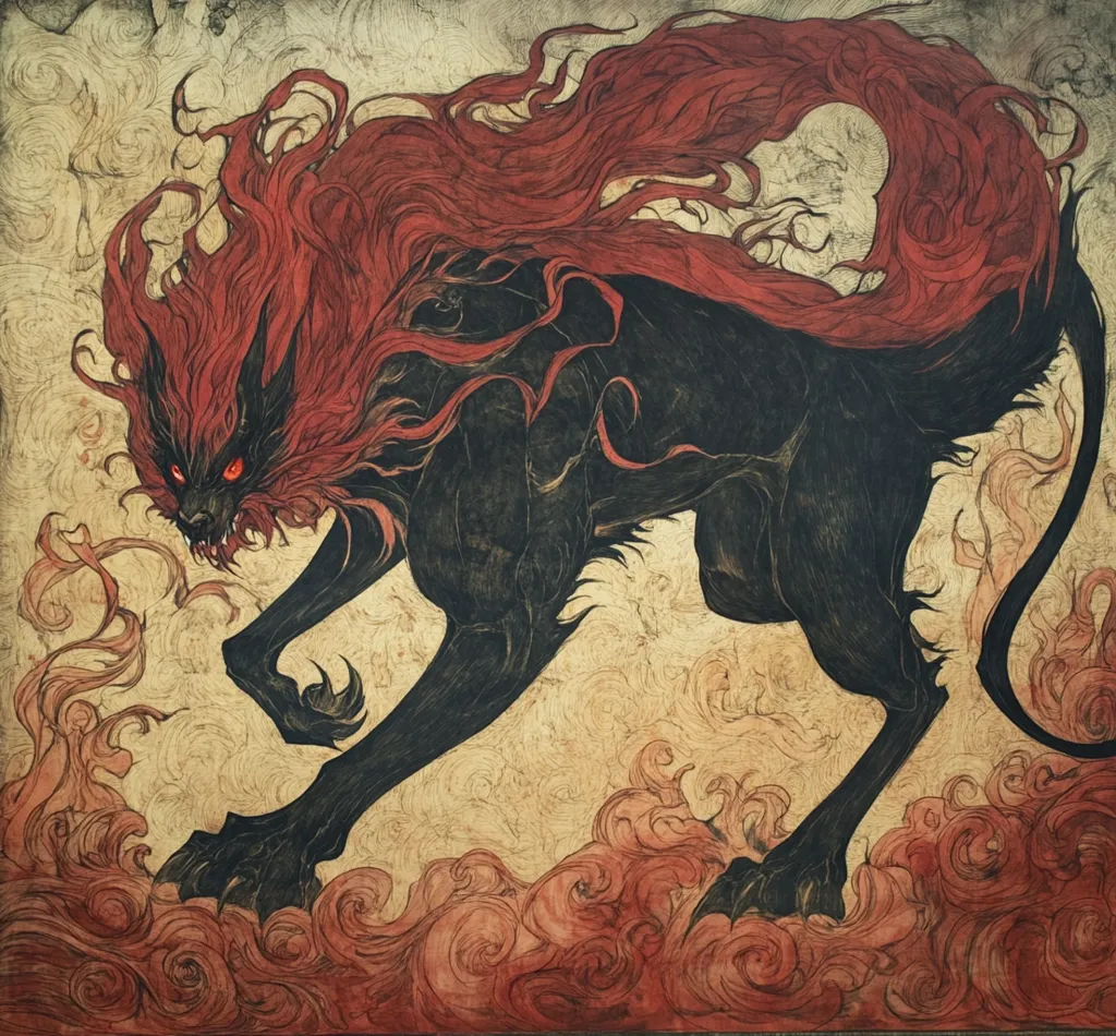 The image depicts a ferocious black beast with fiery red fur. It has glowing red eyes and sharp teeth, and its muscular body is poised for attack. The beast stands on a swirling background of red and orange, reminiscent of flames. The artwork has a dark and menacing feel, suggesting a powerful and dangerous creature.