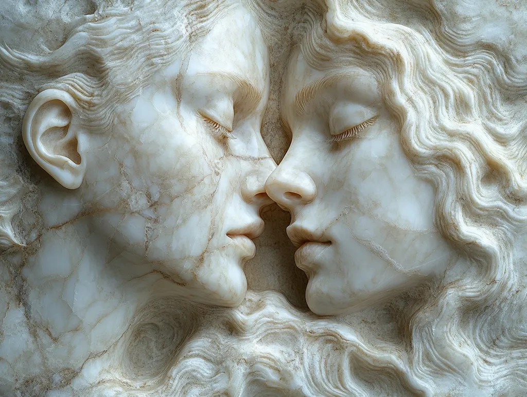 The image depicts a marble sculpture of two female faces, seemingly in a moment of intimate connection. Their eyes are closed, suggesting a shared emotion, perhaps love or peace. The delicate lines of the sculpture capture the subtle curves of their faces and the flowing texture of their hair. The white marble evokes a sense of purity and timeless beauty. The sculpture's detail and expression create a powerful visual narrative of human intimacy.