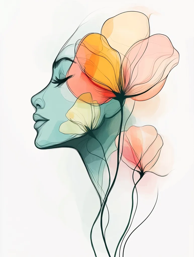 The image is an abstract portrait of a woman's face. The outline of her profile is drawn in a thin, black line, filled in with shades of blue and green.  Behind her face,  three  large flowers are depicted in watercolor style.  The petals are delicate and translucent, with shades of orange, yellow, and pink.  The image is minimalist and stylized, evoking a sense of femininity and beauty.