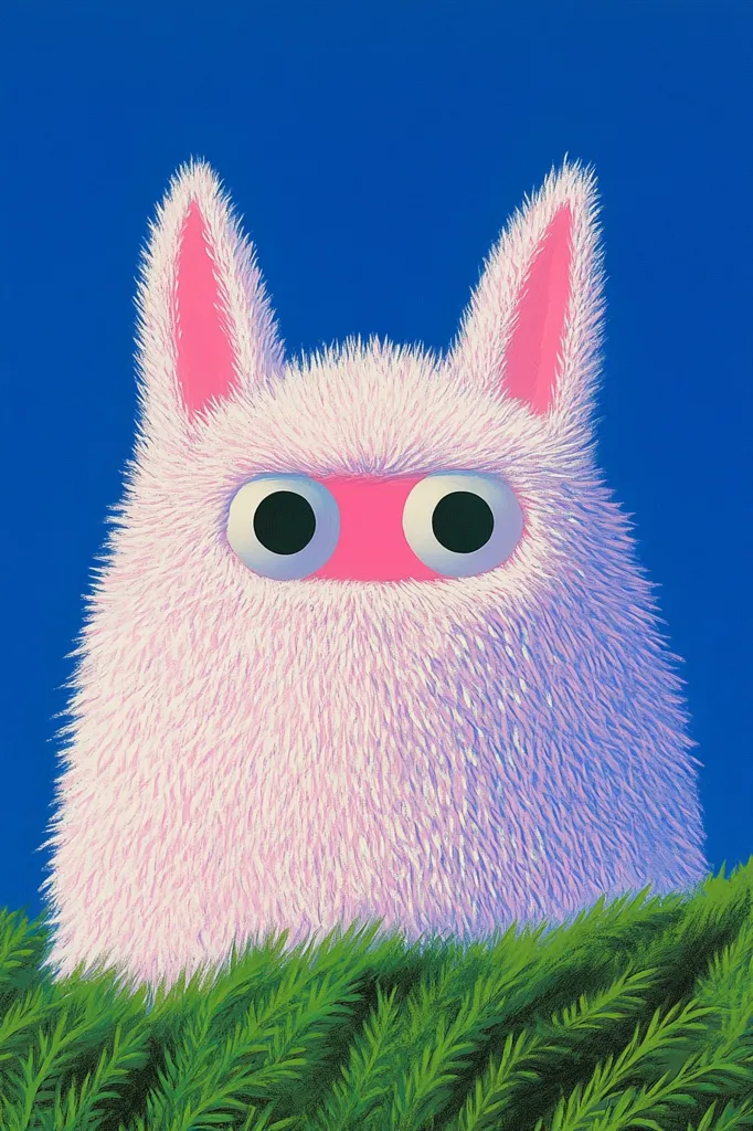 The image depicts a fluffy, white creature with large, round eyes and pink ears. It is peering over a bed of green, leafy foliage. The creature's fur is soft and detailed, while its eyes are wide and expressive. The background is a solid blue, which provides a stark contrast to the creature's white fur. The image evokes a sense of whimsy and playfulness, with the creature appearing both cute and slightly mischievous.