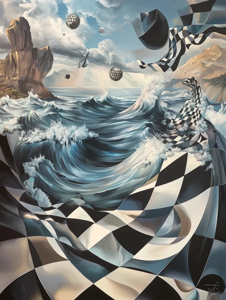 The image depicts a surreal seascape with a checkerboard pattern that dominates the foreground. A large wave crashes in the center, with a rocky cliff in the background. The checkered pattern appears to be a flag or fabric, extending over the water and transforming into the sea itself. Small, spherical objects float in the sky, adding to the dreamlike atmosphere. The painting uses vibrant colors and dramatic contrasts to create a captivating and otherworldly scene.