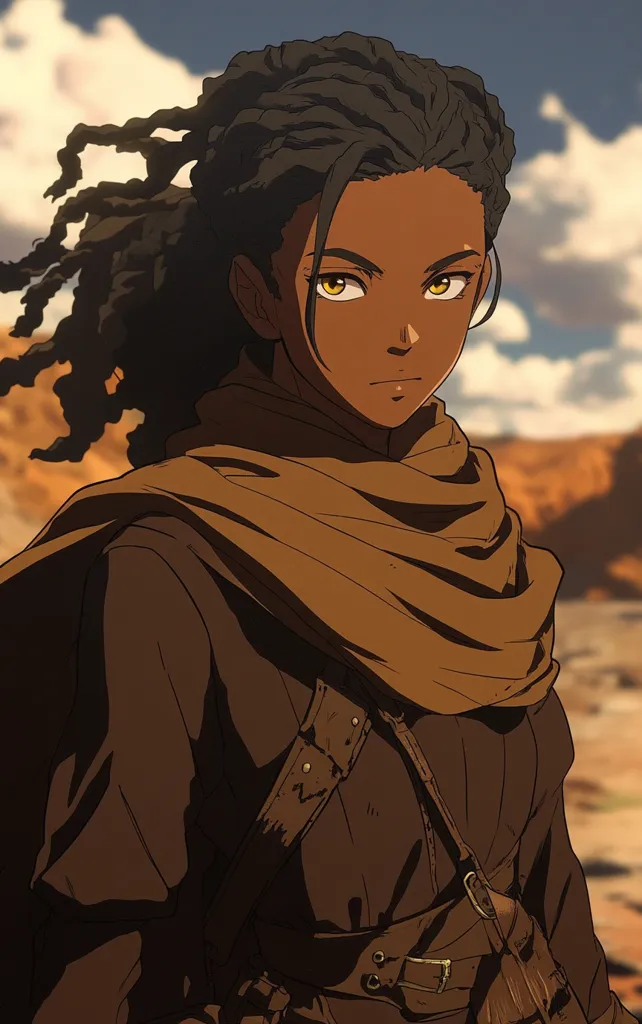 The image depicts a young woman with dark skin and long, braided hair. She is wearing a dark brown jacket over a tan scarf. She has sharp eyes with bright golden irises and a serious expression on her face. The background features a cloudy sky and a desert landscape. The overall tone of the image is one of intensity and determination.