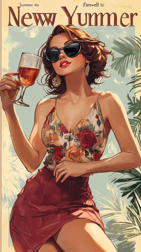 A woman with brown hair is wearing sunglasses and a floral top with a red skirt. She is holding a glass of amber liquid. The background is a blue sky and palm trees. The text at the top says "Summer the New Yummer". The overall feel of the image is glamorous and summery.