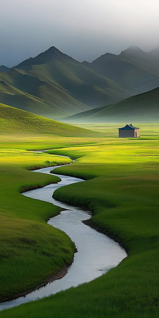 A winding river meanders through a vast green valley, surrounded by rolling hills and majestic mountains. A lone, simple house sits on the horizon, adding a touch of solitude to the serene landscape. The sky above is a soft, hazy blue, hinting at a gentle breeze. The scene captures the beauty and tranquility of nature.