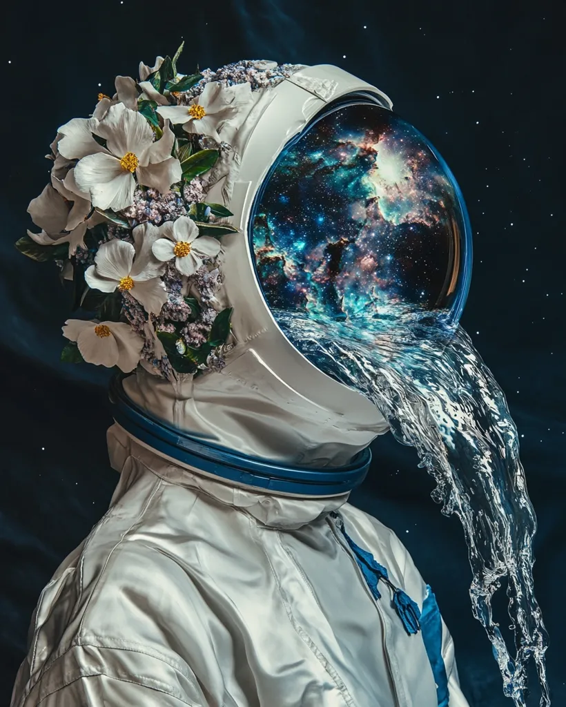The image shows an astronaut in a white spacesuit, their helmet filled with a swirling nebula. A cascade of water pours out of the helmet, creating a surreal contrast between the astronaut's spacefaring attire and the watery element.  White flowers adorn the astronaut's head, adding a touch of delicate beauty to the scene. The dark background dotted with stars emphasizes the astronaut's isolation and the vastness of space.