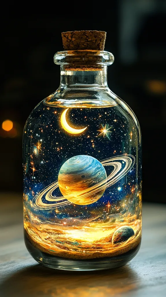 A glass bottle with a cork top contains a swirling galaxy with a crescent moon, a large planet with rings, a smaller planet and a scattering of stars. The bottle is sitting on a wooden table. The image is a surreal and captivating representation of the vastness of space contained within a simple glass bottle.