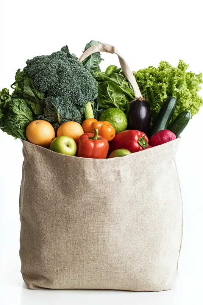 A canvas tote bag overflowing with fresh produce. There is a large head of broccoli, bunches of leafy greens, two oranges, an apple, a red bell pepper, a yellow pepper, a red beet, and three cucumbers. The bag is a light beige and the image is against a white background.
