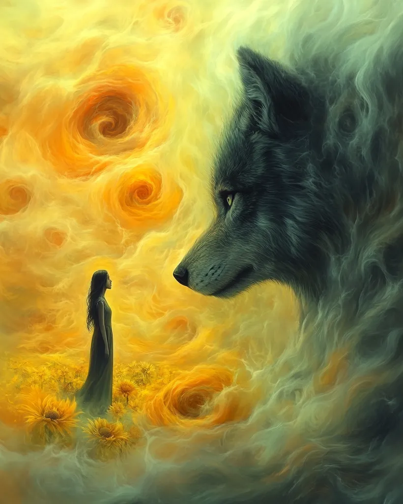 A woman in a long dress stands in a field of sunflowers, gazing at a large, grey wolf. The wolf's head is partially obscured by swirling, yellow and green clouds. The scene is dreamlike and ethereal, suggesting a connection between the woman and the wolf. The overall tone is peaceful and mysterious.
