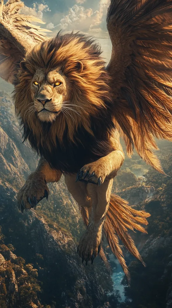 A majestic lion with large, golden wings soars through the air. Its piercing yellow eyes stare intently as it flies over a rocky, mountainous landscape. The lion's powerful legs are outstretched, and its feathered wings create a magnificent display of power and grace. The image is a captivating blend of realism and fantasy, showcasing the mythical creature in its full glory.