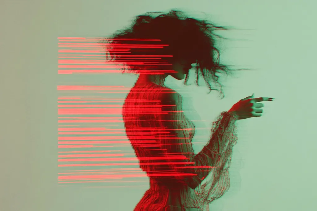 The image features a woman with long, dark hair, her face obscured by the red and green color palette. She stands in a green background, with her hand pointed to the right, a thin, blurry red and white garment on.  The image is distorted with red and green horizontal stripes, creating a digital glitch effect.  The overall aesthetic is moody and mysterious.