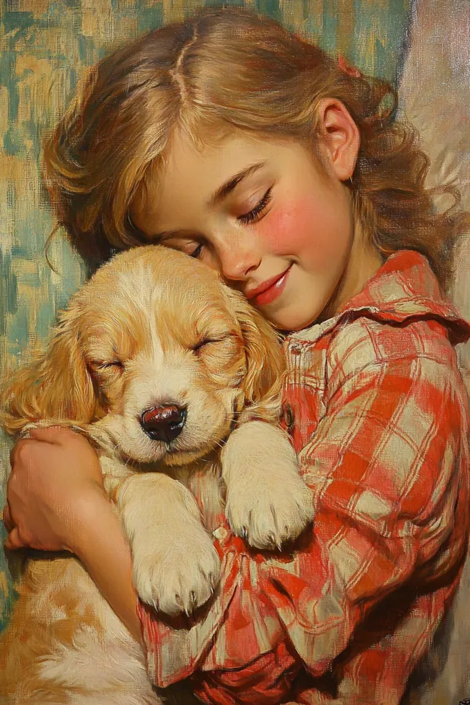 The painting depicts a young girl with long blonde hair, wearing a red and white checkered shirt, holding a small golden retriever puppy close to her chest. The girl's eyes are closed and she has a soft smile on her face, suggesting a sense of calm and tenderness. The puppy is also sleeping, its head resting on the girl's shoulder. The overall composition of the painting is intimate and loving, conveying a strong bond between the girl and her pet. The soft colors and brushstrokes create a warm and inviting atmosphere.