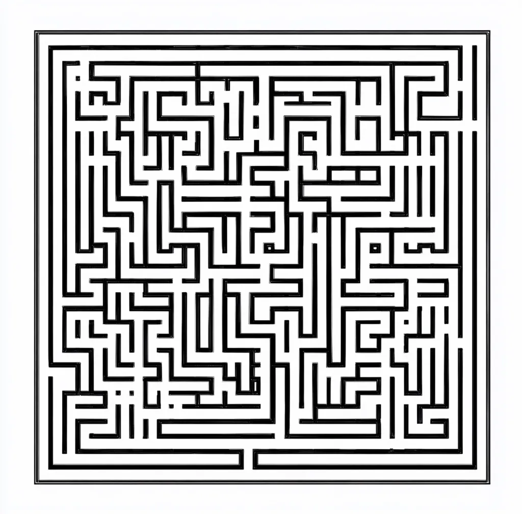 The image shows a complex maze with a square border. The maze is composed of a series of black lines that create a network of interconnected paths and dead ends. The challenge lies in navigating through the intricate twists and turns to find the exit, which may be hidden somewhere within the maze.  The image is a classic example of a challenging puzzle that requires both strategy and careful observation to solve.