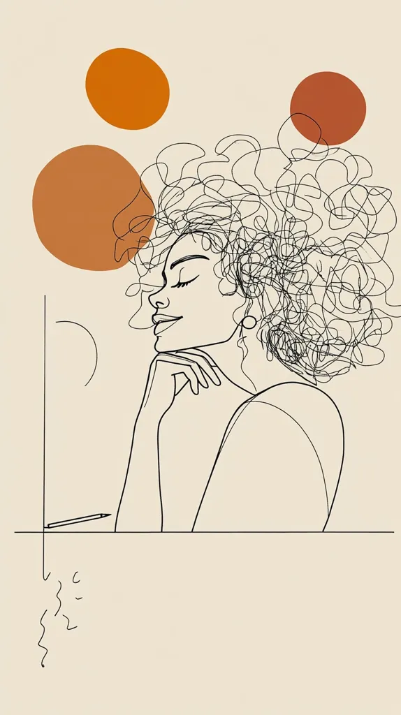 The image is a minimalist line drawing of a woman with her eyes closed. She has curly hair and is resting her chin on her hand. There are three orange circles in the background, creating a simple and abstract composition. The image evokes a sense of calmness and serenity. A pencil lies on a table in the foreground, suggesting a creative or artistic space. The overall aesthetic is modern and sophisticated.