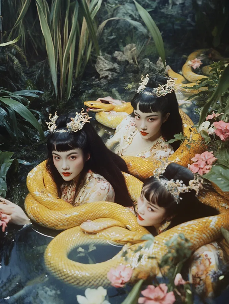 Three women with dark hair, wearing intricate headpieces, are immersed in a pool of water surrounded by lush foliage and vibrant flowers.  Large, yellow snakes coil around them, their scales glistening in the light. The scene evokes a sense of mystery and sensuality, suggesting a connection between the women and the serpents. The image is both captivating and unsettling, hinting at the power and beauty of nature.