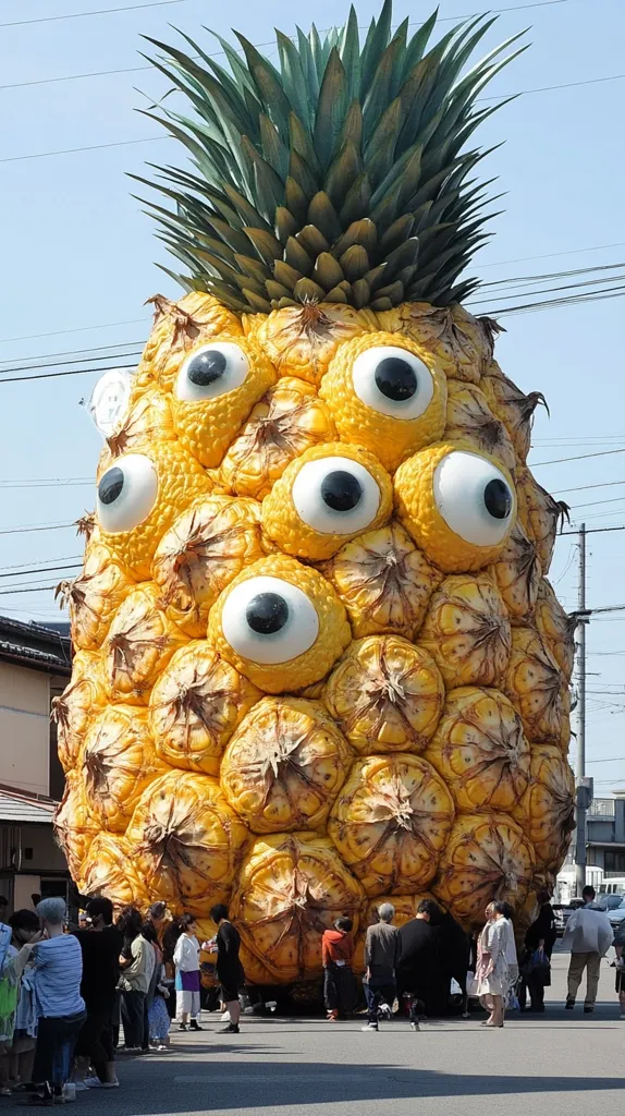 A giant pineapple sculpture with multiple eyes stands in front of a group of people. The pineapple is made of many yellow scales and has a large, green leafy crown. It appears to be an art installation. The people are standing around it, some looking up at it. The image has a surreal and humorous feel.
