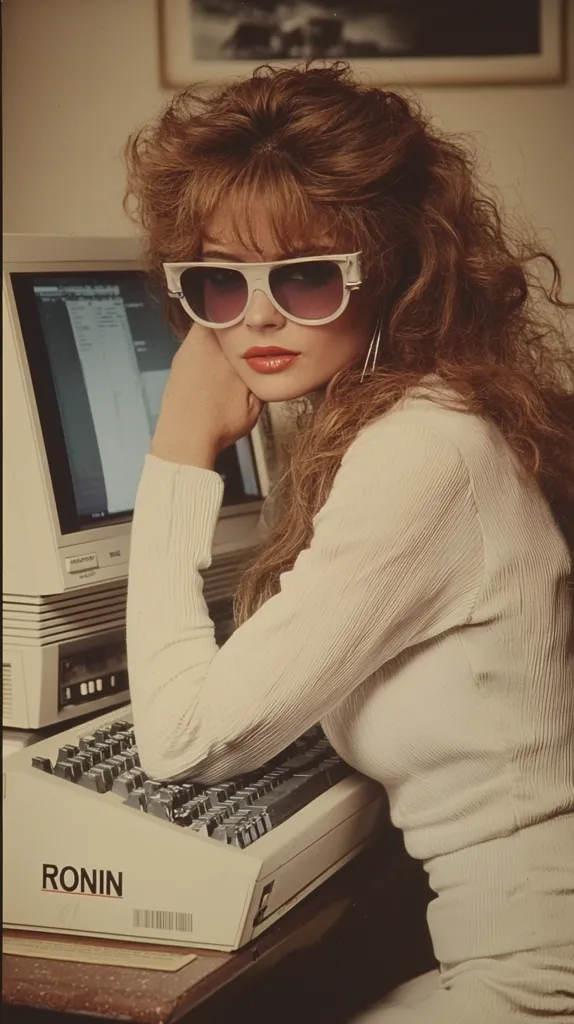 A woman with long curly brown hair is wearing a white sweater and white sunglasses. She is resting her chin on her hand while looking at a computer screen. She is sitting in front of an old-fashioned computer keyboard. The computer is white and has a monitor with a black screen. The woman is wearing a subtle smile. The image has a vintage feel to it.