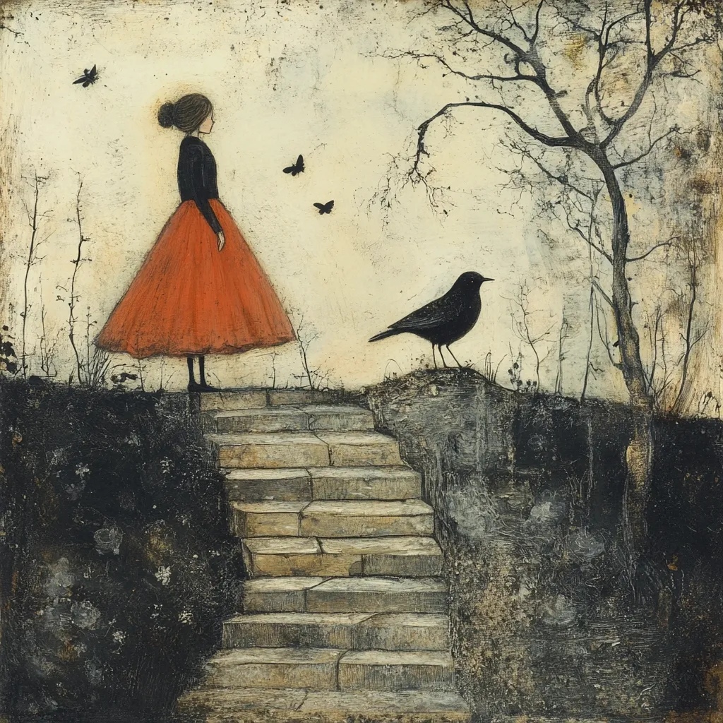 A young woman in a red dress stands on a stone staircase, her back turned to the viewer. She looks up at a blackbird perched on a ledge. Behind her, a bare tree stretches its branches towards the sky. A few small butterflies flit around her. The background is painted in a pale, almost washed-out color, suggesting a sense of melancholy or isolation.