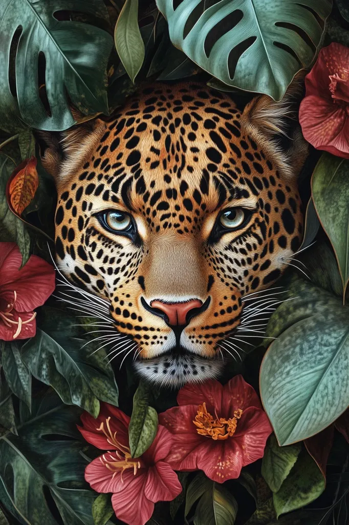 The image shows a close-up of a leopard's face peering through a lush jungle scene.  The leopard's fur is a rich brown with black spots, and its eyes are a piercing blue.  The background is a blur of green leaves and red flowers, creating a sense of depth and mystery. The image captures a sense of both beauty and danger, showcasing the leopard's power and the wild beauty of its natural habitat.