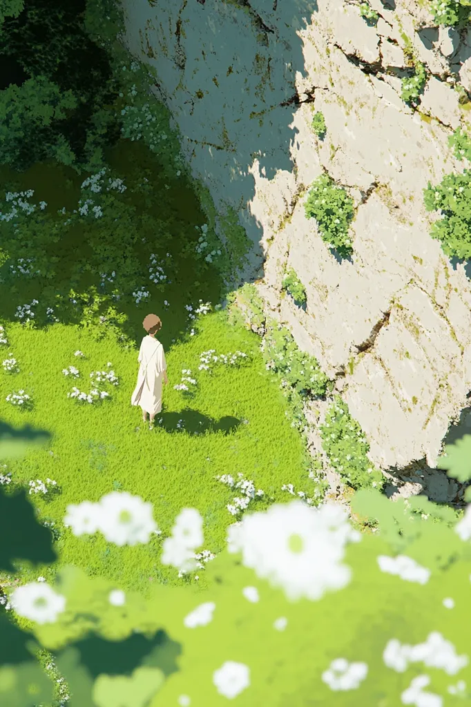 The image depicts a lone figure in a white robe standing on a grassy field, surrounded by white flowers. The field is situated at the base of a large, rocky cliff face. The scene is bathed in soft sunlight, creating a serene and tranquil atmosphere. The figure appears to be gazing out at the vast expanse of the cliff, lost in thought. The image evokes a sense of solitude and contemplation.