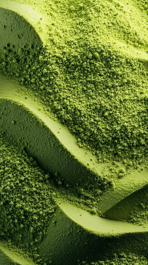 The image shows a close-up of a green powder, possibly matcha, piled into a  series of soft, rounded mounds. The powder has a fine, almost powdery texture with a slightly grainy appearance. The lighting highlights the subtle variations in texture and depth within the powder.  The image creates a sense of natural beauty and organic simplicity.