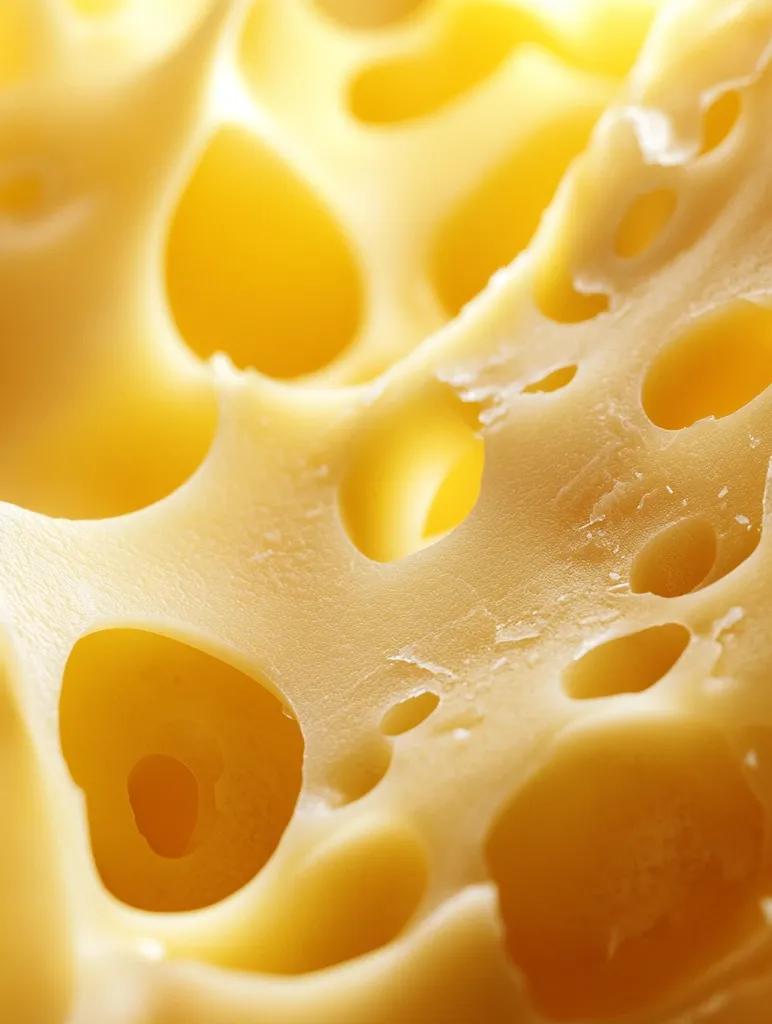 A close-up shot of Swiss cheese, showing its distinctive large holes and a slightly grainy texture. The cheese is a vibrant yellow, and the lighting creates a warm and inviting glow. The image focuses on the cheese's surface, inviting viewers to imagine its creamy flavor.