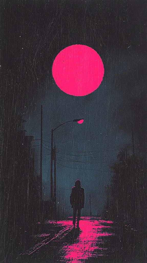 The image depicts a solitary figure walking down a street at night. A large, pink circle, resembling a moon or a celestial body, illuminates the scene from above. The street is wet, reflecting the pink light, and the figure casts a long shadow. The background is dark and textured, suggesting a sense of mystery and solitude. The overall atmosphere is eerie and melancholic.