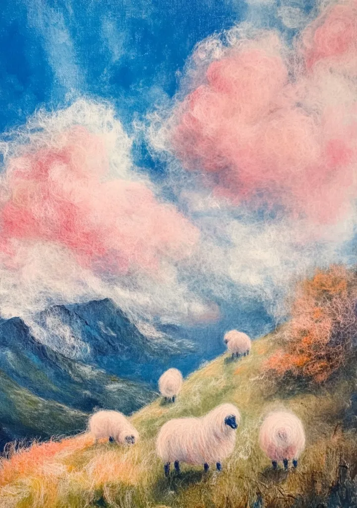 A whimsical landscape with fluffy, pink clouds in a blue sky. A line of white sheep graze on a green hillside with a mountain range in the background. The scene is created using a textured, almost fuzzy, brushstroke effect, giving a unique and soft feel to the artwork.