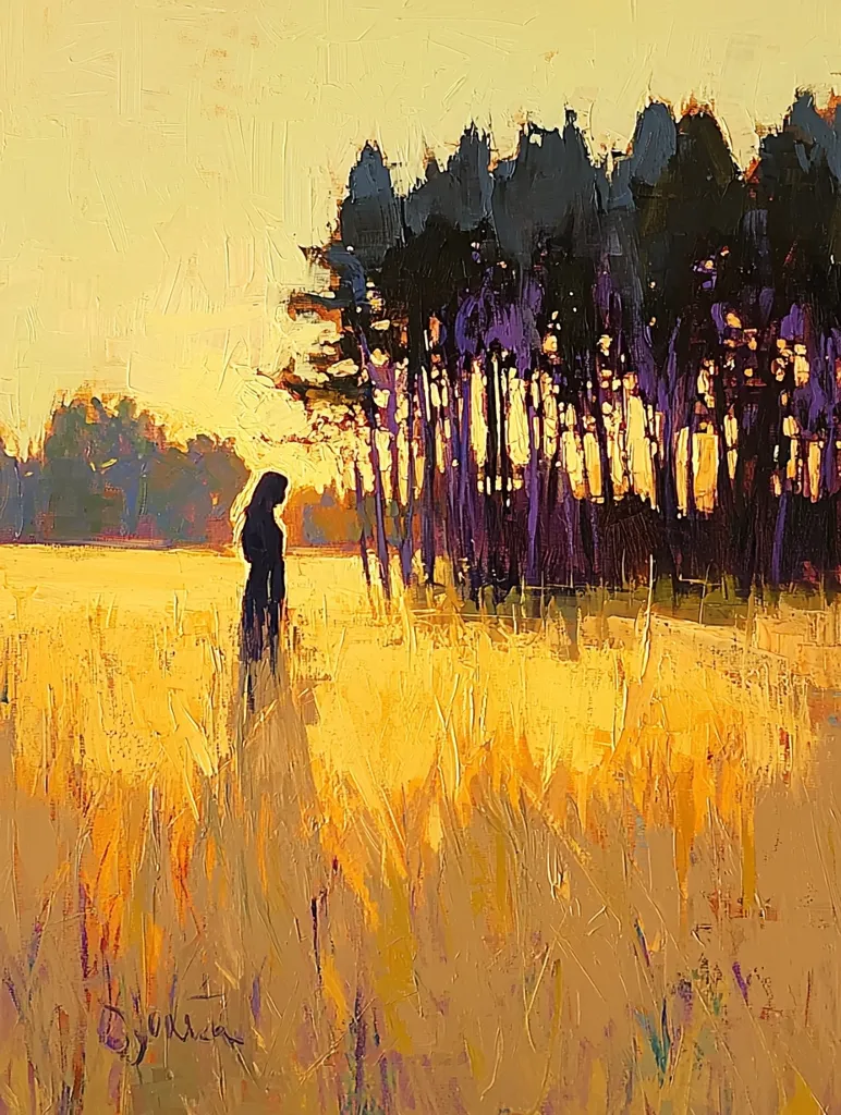 The painting depicts a lone figure standing in a field of tall grass, silhouetted against a backdrop of a dense stand of trees. The sky is a warm yellow, suggesting sunset or dawn. The brushstrokes are visible, creating a textured effect. The colors are muted and earthy, creating a sense of tranquility and solitude.