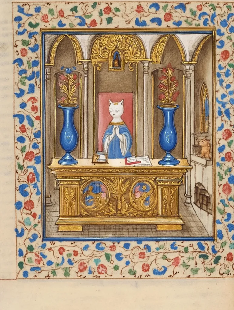 The image depicts a white cat dressed in a blue robe, praying in front of an ornate altar. The cat is positioned in a cathedral-like setting, with tall arched windows and a gold-leafed altar. Two tall blue vases with flowers flank the altar, and a small cat peeks out from a doorway to the right. The image is surrounded by a border of intricate floral designs in shades of blue, red, and green.  The artwork is likely a medieval illumination.