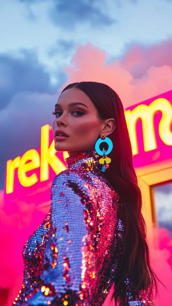 A woman with long, dark hair and a striking gaze, wears a sequined top that shimmers in the light. Her eye makeup is dramatic, and she wears large, colorful earrings. The background is a blurred image of a neon sign and a sky filled with pink and purple clouds. The overall impression is one of glamor and confidence.