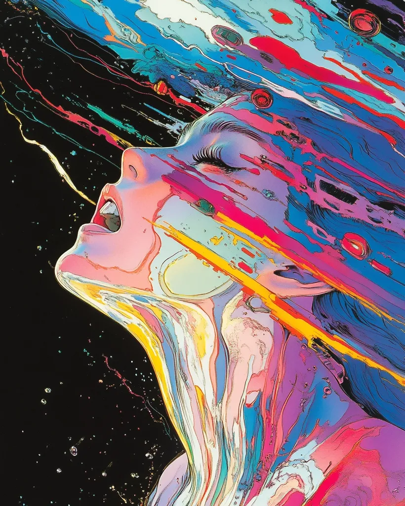 The image is an abstract portrait of a woman's face, rendered in a vibrant, psychedelic style. Her face is partially obscured by swirling lines of color, creating a sense of depth and movement. The colors are bright and bold, with shades of blue, yellow, pink, and red dominating the composition. The background is a dark, starry void, creating a contrast with the colorful face and emphasizing the image's otherworldly feel. The image is reminiscent of 1990s rave culture and psychedelic art, capturing a sense of energy and freedom.