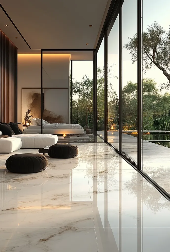 The image shows a modern living room with large windows that overlook a lush, tropical landscape. The room features a white sofa, black and white throw pillows, and a white coffee table. The floor is a polished marble, reflecting the light from the windows and the sunset outside. The overall ambiance is luxurious and serene.