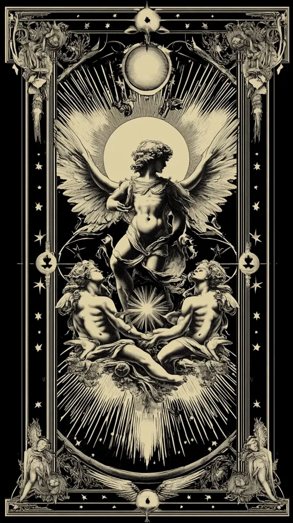 The image depicts a black and white, stylized depiction of a celestial scene. A winged angel, radiating light, stands with outstretched wings over two figures. The figures kneel at the angel's feet, their hands clasped together in a gesture of prayer. The scene is surrounded by ornate decorative elements, including stars, geometric shapes, and floral motifs. The image evokes a sense of otherworldly power and divine intervention.