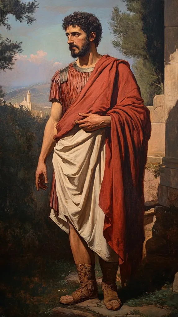 The painting depicts a Roman man standing in a landscape setting. He wears a red toga over a white tunic, and leather sandals. The man has a stern expression and his dark hair is neatly combed. The background shows a distant city, trees, and a stone wall, suggesting a rural location. The painting's style is realistic and detailed, capturing the textures of fabric and the depth of the scenery.