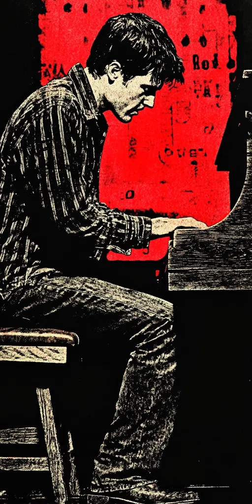 The image is a black and white illustration of a man playing a piano. He is sitting on a stool, his right hand resting on the keys. The image is in a grunge style, with a red background. The man is wearing a striped shirt and jeans. The image is evocative of a musical performance.