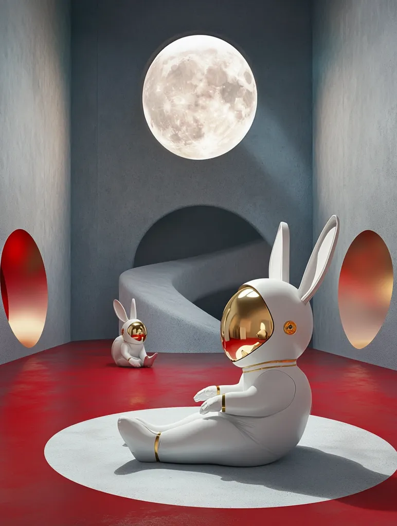 The image shows two white bunny astronauts in a minimalist, futuristic room. The walls are gray with red accents, and a large, bright moon hangs in a circular window. The larger bunny is sitting on the floor, looking towards the other bunny who is sitting upright on the floor. They appear to be in a quiet, contemplative state, perhaps reflecting on their surroundings or their mission. The overall tone of the image is calm and serene, suggesting a sense of peace and wonder.
