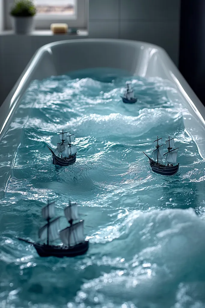 A white bathtub is filled with foamy blue water, resembling a turbulent sea. Toy ships, with white sails, navigate the choppy waves, creating a whimsical and surreal scene. The image suggests a child's imagination and the transformative power of play.