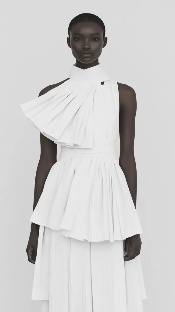 A woman with dark skin is wearing a white sleeveless dress. The dress has a high neck and a large ruffle that extends from the neck to the bust. The ruffle is pleated and gives the dress a voluminous look. The dress also has a layered skirt with multiple pleats. She is standing with her arms relaxed and her expression is neutral. The background is white. The picture is a fashion shot showcasing the dress design.