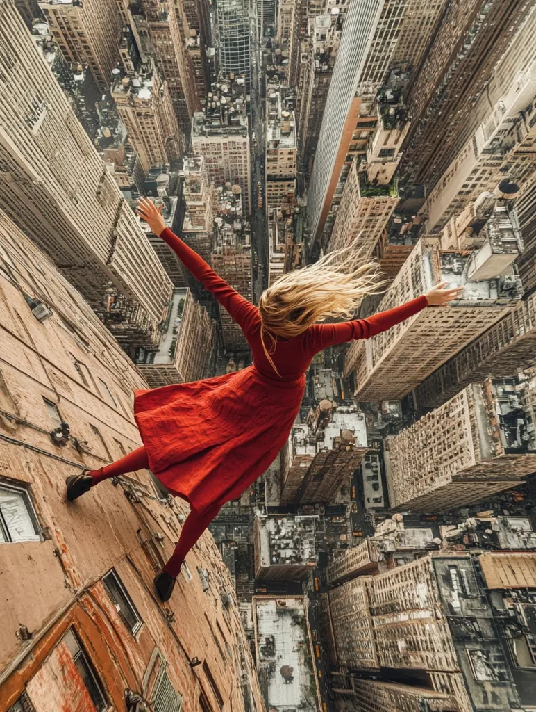 A woman in a red dress is hanging off the side of a skyscraper. Her arms are outstretched as if she is flying. The city is spread out below her. The image is a dramatic and thrilling capture of a daring feat. The perspective is from the side of the building, looking down at the cityscape.  The woman's hair is flowing in the wind. The image is a reminder of the human spirit's ability to overcome fear and embrace the unknown.
