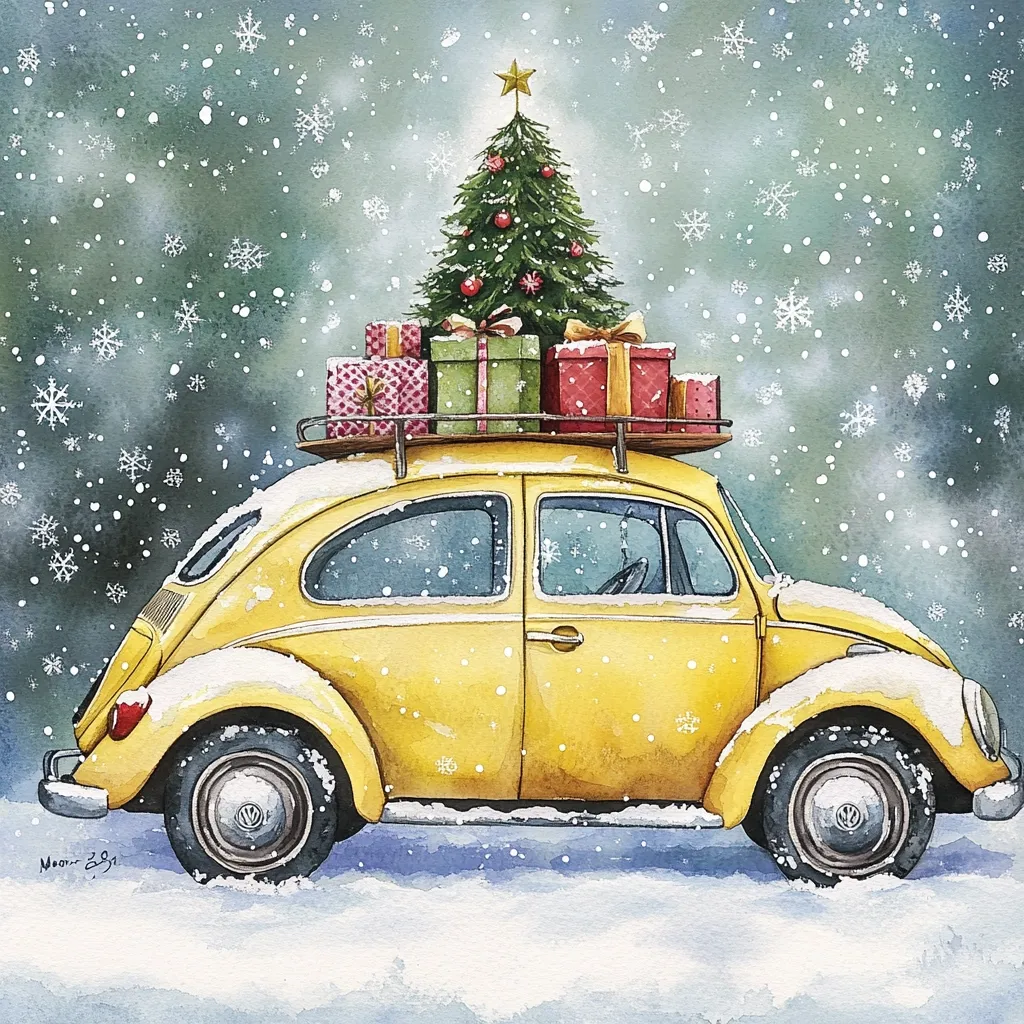 A yellow vintage car is driving through a snowy winter wonderland. A Christmas tree adorned with ornaments and a star sits on the roof rack with wrapped presents stacked around it. Snowflakes fall gently around the car, creating a magical festive atmosphere. The scene is depicted in a watercolor style, giving it a charming and nostalgic feel.