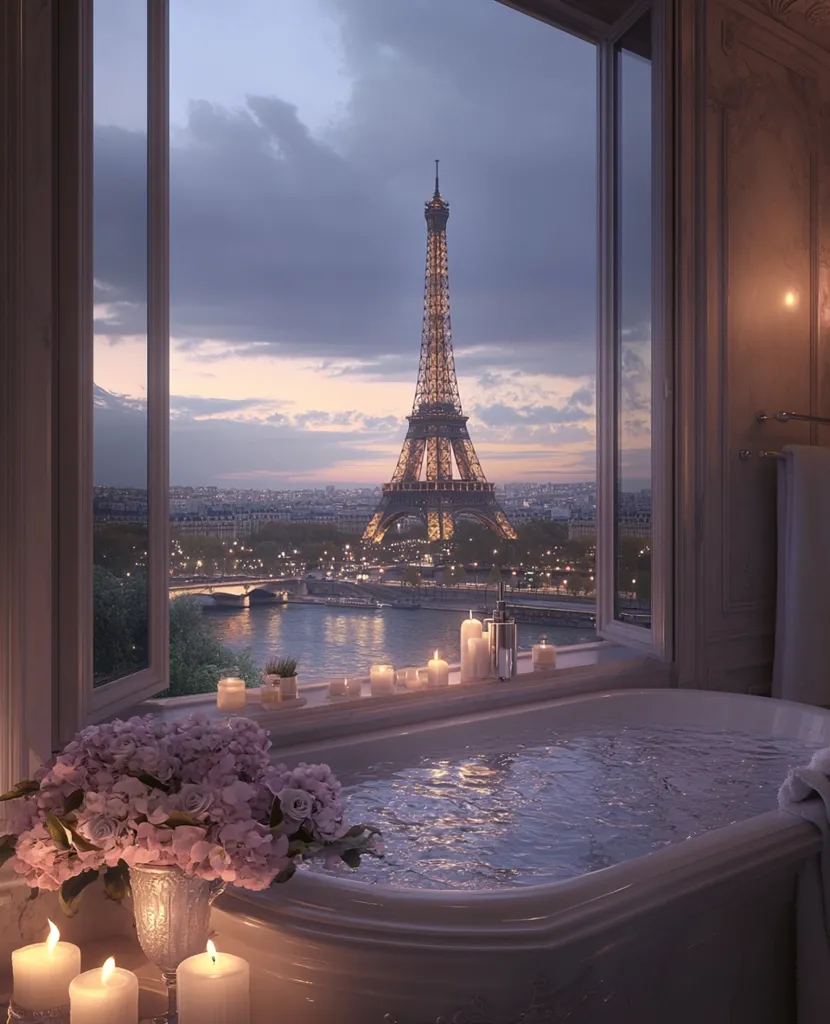 A luxurious bathroom with a view of the Eiffel Tower at dusk. The bathtub is filled with water, and candles are lit around the room. A bouquet of flowers sits next to the tub, and the city lights twinkle in the distance. The scene is romantic and relaxing, perfect for a luxurious evening in Paris.