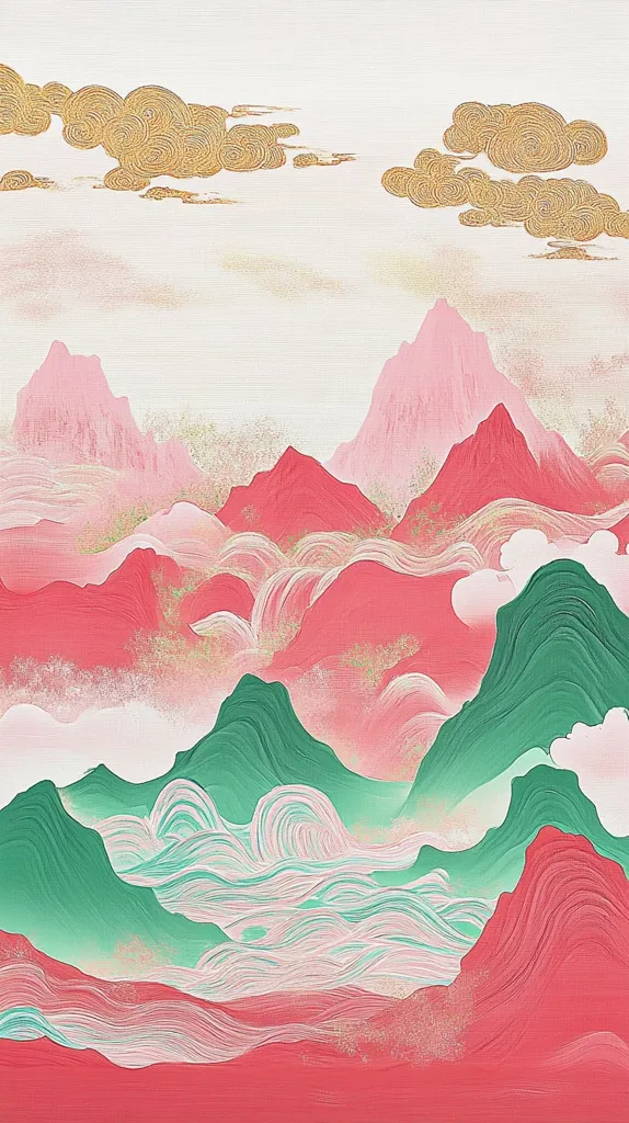 The image is a stylized painting of a mountainous landscape. The mountains are depicted in shades of pink and red, with swirling, abstract lines suggesting clouds or fog. A few green hills stand out in the foreground, creating a contrast against the predominantly warm tones. The background features abstract gold clouds that add a touch of richness and a sense of celestial presence. The painting is characterized by a minimalist aesthetic, with smooth lines and a limited color palette.  The overall feel is serene and contemplative, evoking a sense of tranquility and harmony with nature.