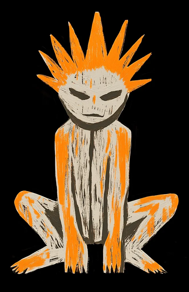 The image is a simple, stylized drawing of a creature. It has a humanoid form with a spiky, orange head and a white, painted body. The creature has small eyes and a furrowed brow, suggesting it is frowning. The entire image is rendered in shades of orange, white, and black against a black background. The crude, brushstroke style gives the creature an eerie, otherworldly appearance.