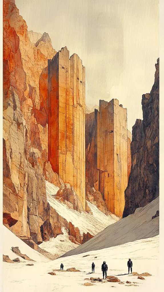 A group of figures walk across a white, snowy plain towards a towering structure. The structure appears to be a tall building with several floors and windows, nestled between two steep rocky cliffs. The cliffs are a warm orange color and the sky is a pale blue. The scene is desolate and vast.