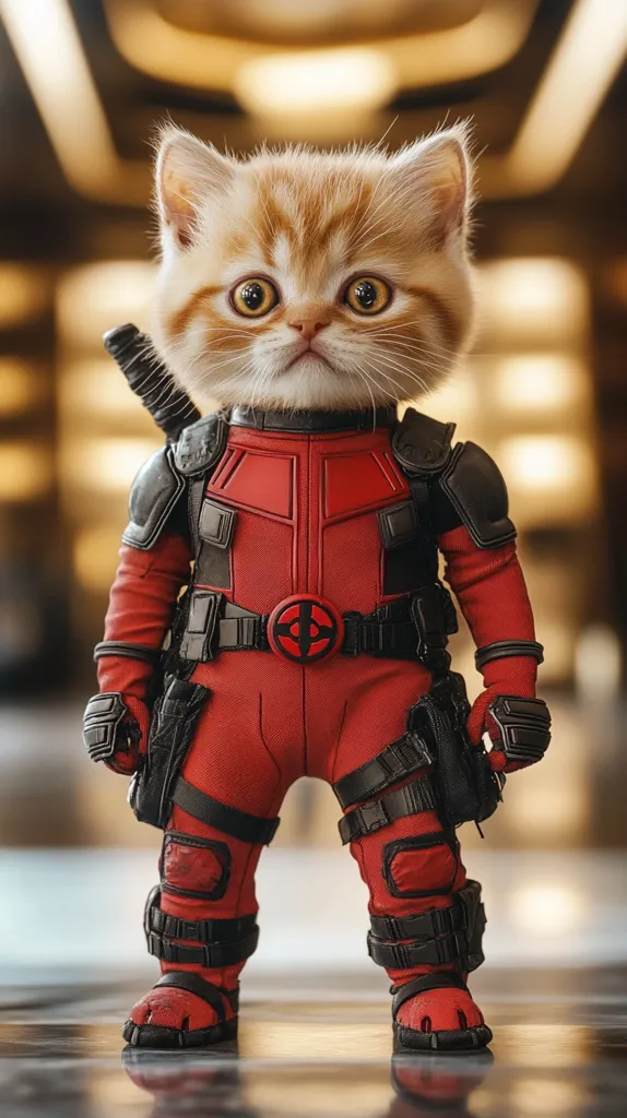 A ginger cat is dressed in a Deadpool costume. It stands with its arms crossed, holding two small black pistols on its hips. It wears a red and black jumpsuit with a black belt and a red symbol on the front. The cat has large, round eyes and a serious expression. It is standing on a reflective surface, and the background is out of focus.