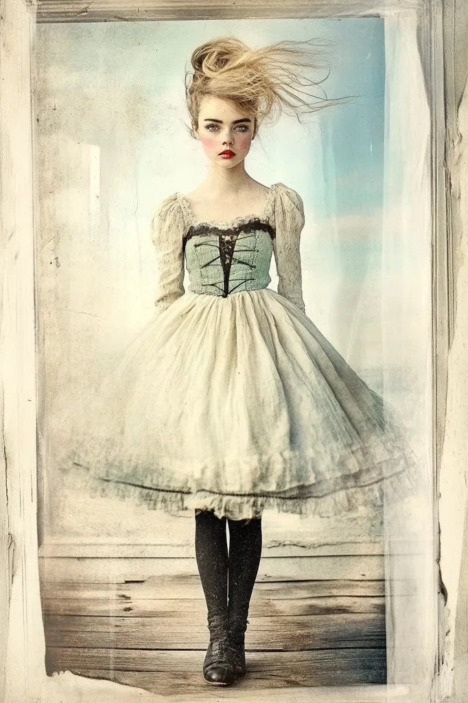 A young woman in a white dress with a blue bodice and black lace trim stands in a rustic setting. Her hair is windblown, and her expression is wistful. The image is framed by a vintage windowpane, adding to the ethereal and romantic feel. The soft lighting and faded colors create a sense of nostalgia.