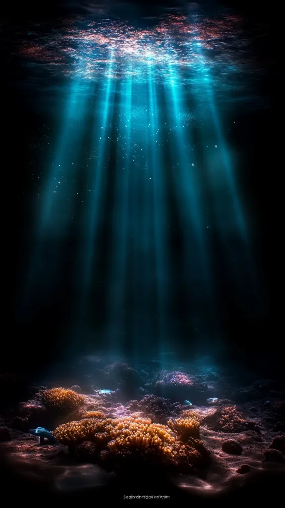 A mysterious underwater scene with beams of light shining down from above.  The dark blue water is illuminated by the light, revealing coral and other marine life on the ocean floor.  The scene is both beautiful and eerie, suggesting a hidden world beneath the waves.  The image is full of contrast, with the dark blue water and the bright light creating a dramatic effect.